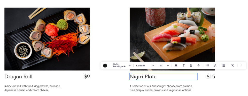 La barre d'outils pour l'édition des éléments de texte sur la page Menu de Ginza 