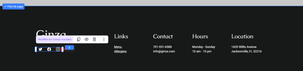 Bouton de modification des icônes sociales dans le pied de page du menu de Ginza