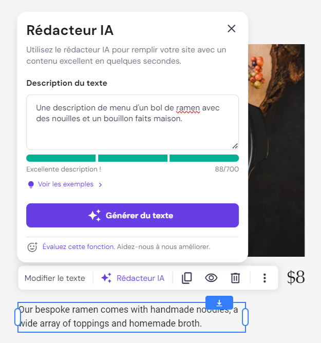 Fenêtre du rédacteur IA d'Hostinger