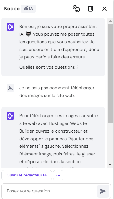 La fenêtre pop-up de Kodee, l'assistant IA d'Hostinger