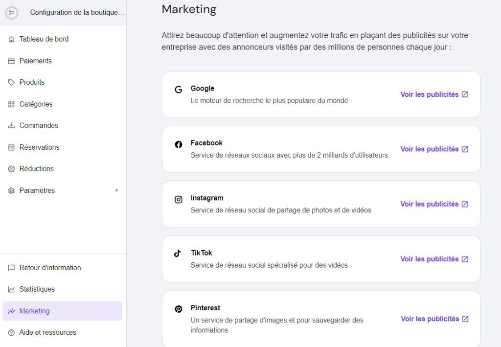 La section Marketing dans le gestionnaire de boutique de Hostinger