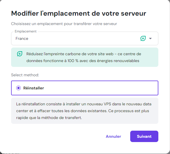 Menu de modification de l'emplacement du centre de données dans hPanel 