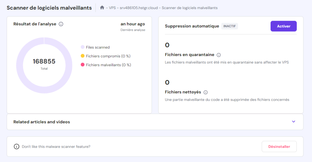 Menu du Scanner de logiciels malveillants dans hPanel 