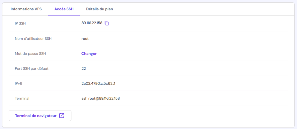 Accéder à l'onglet d'accès SSH dans le VPS de hPanel 