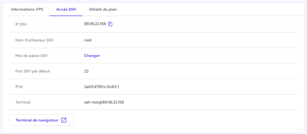 Accéder à l'onglet d'accès SSH dans le VPS de hPanel 