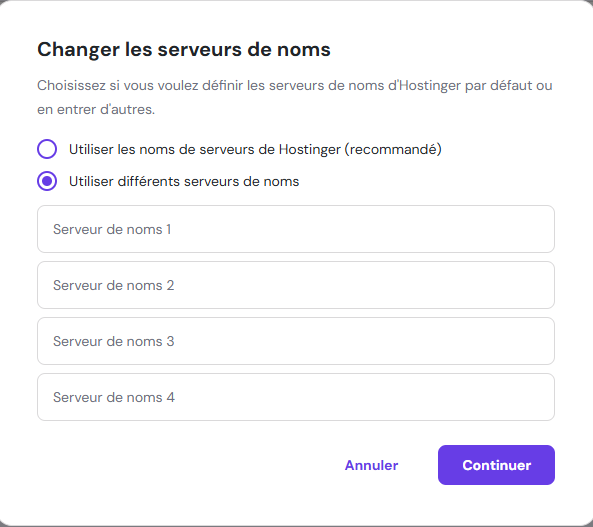 Menu de configuration des serveurs de noms dans hPanel 