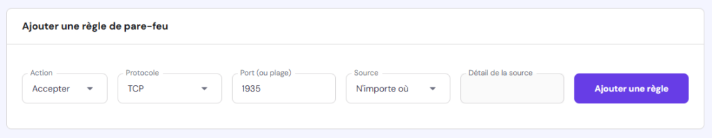 Réglage de la liste d'autorisation des ports RTMP dans le menu de configuration du pare-feu de hPanel 