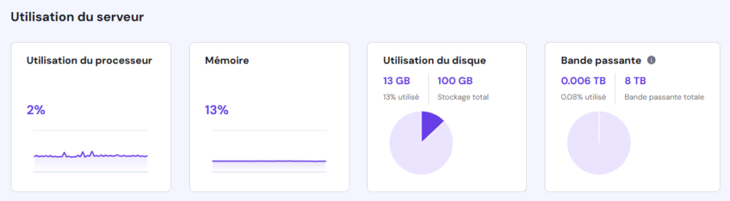 Fonction de surveillance de l'utilisation du VPS Hostinger dans hPanel 