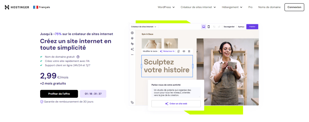 Page d'accueil du créateur de site Web Hostinger