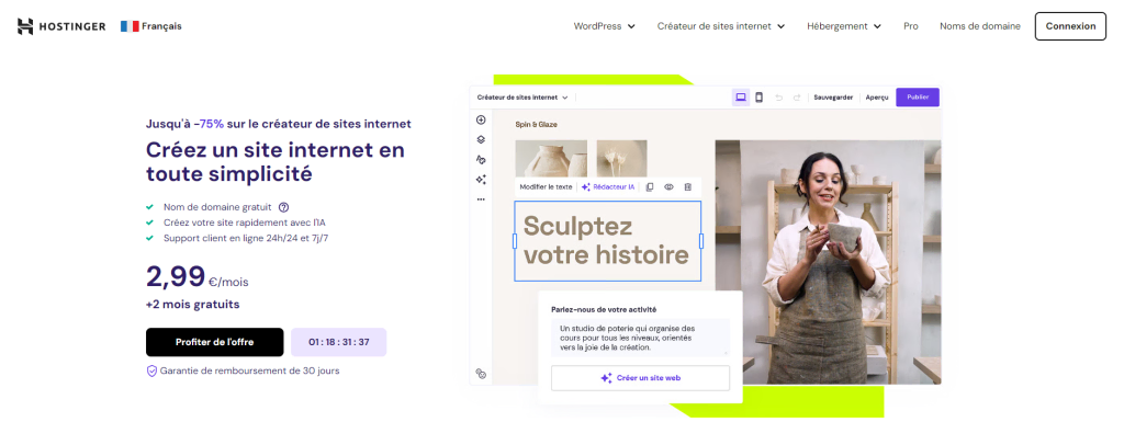 Page d'accueil du créateur de site Web Hostinger