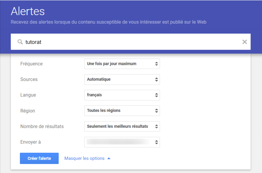 Options de filtrage des alertes Google 