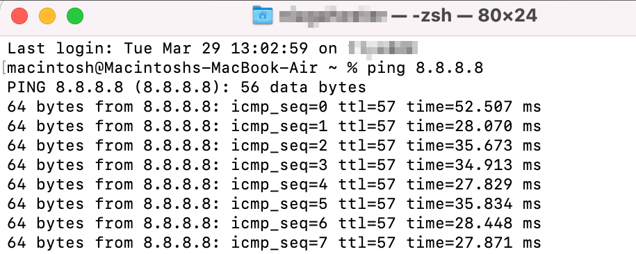 Exécution de la commande ping à l'aide de Terminal sous macOS