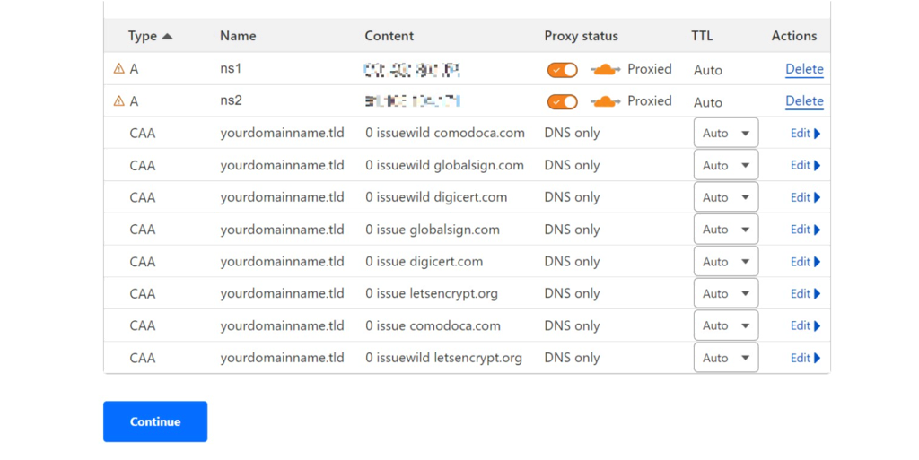 Page de vérification des enregistrements DNS dans le tableau de bord de Cloudflare 