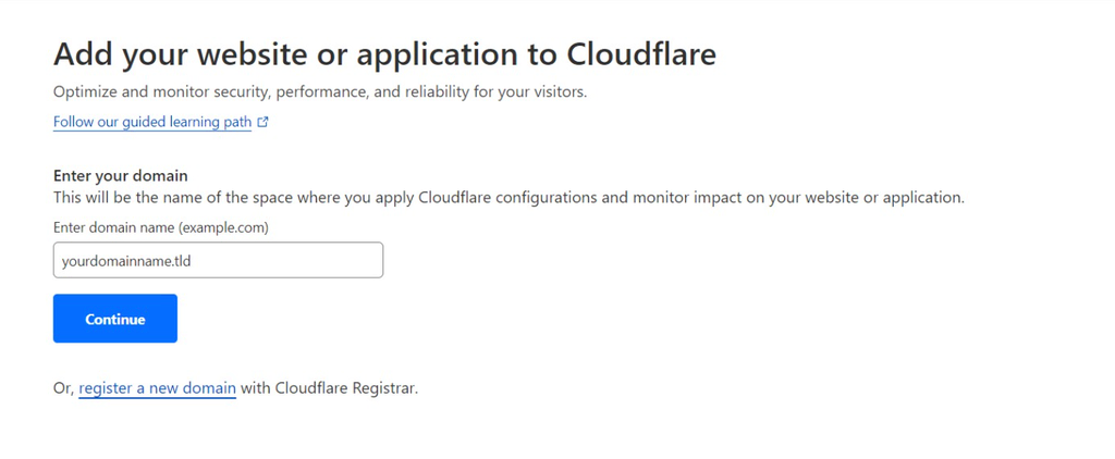 La page d'enregistrement du domaine dans le tableau de bord de Cloudflare 