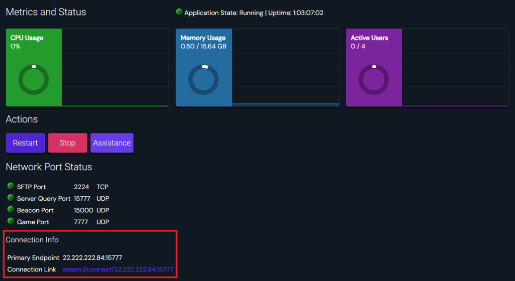 Trouver les détails de connexion de l'instance dans le Game Panel 