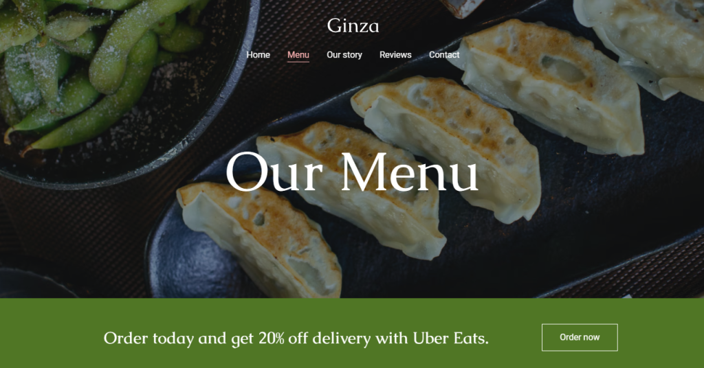 La bannière Uber Eats sur la page Menu de Ginza 