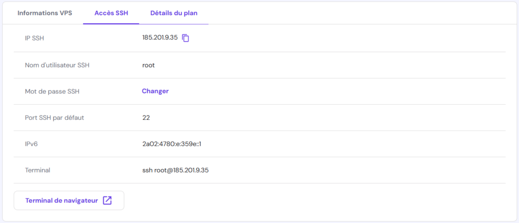 L'onglet d'accès SSH dans le VPS de hPanel