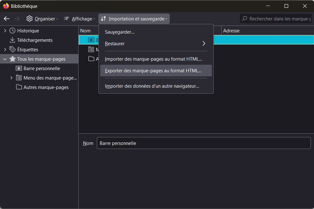 Exporter des marque-pages sur Firefox