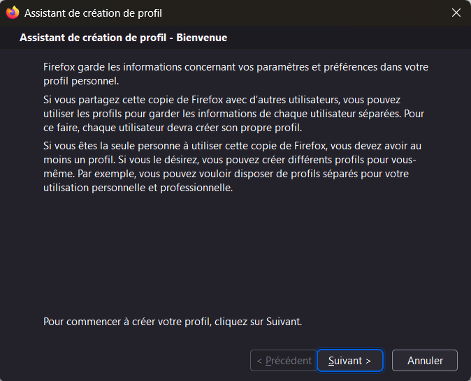 Assistant de création de profil sur Firefox