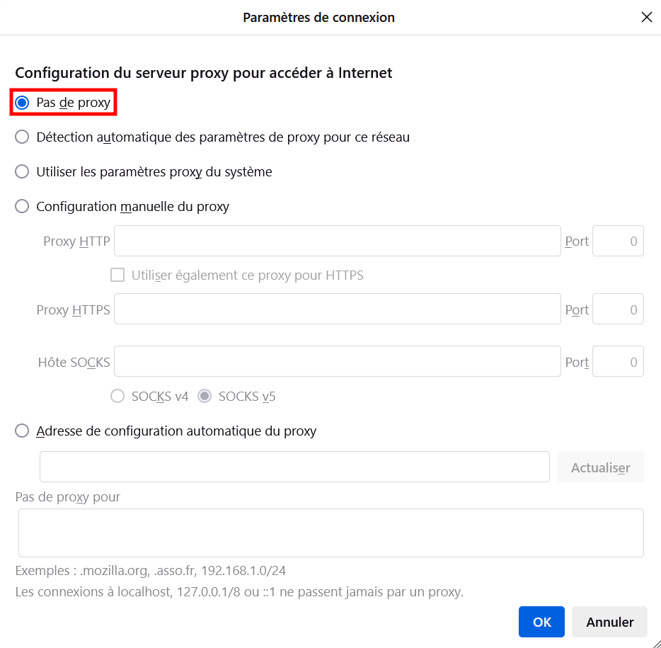 Paramètres du proxy sur Firefox, en sélectionnant l'option « Pas de proxy ». 