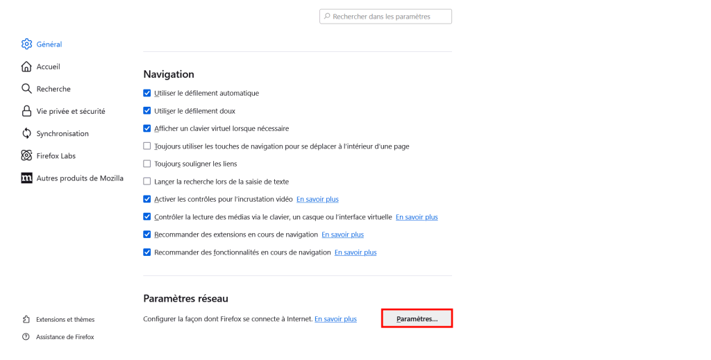 Paramètres réseau sur Firefox