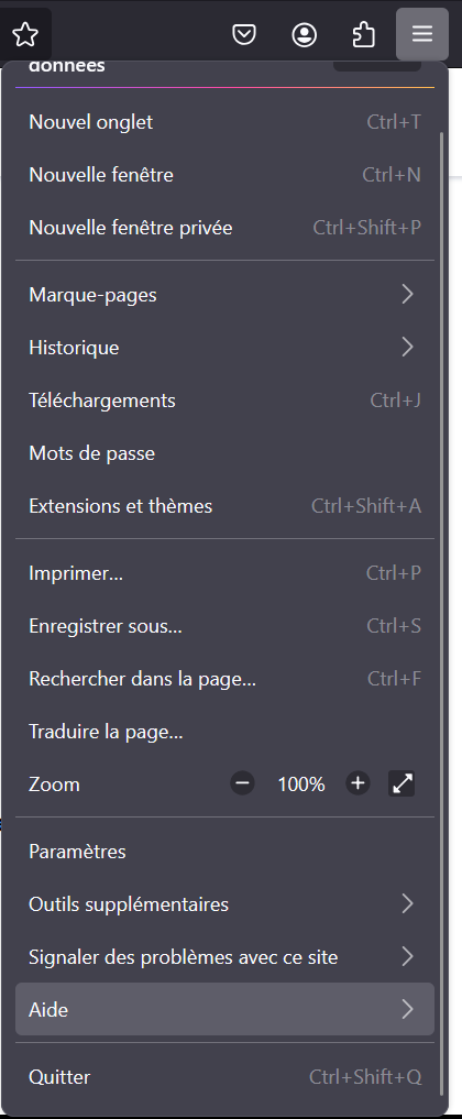 Menu d'aide de Firefox