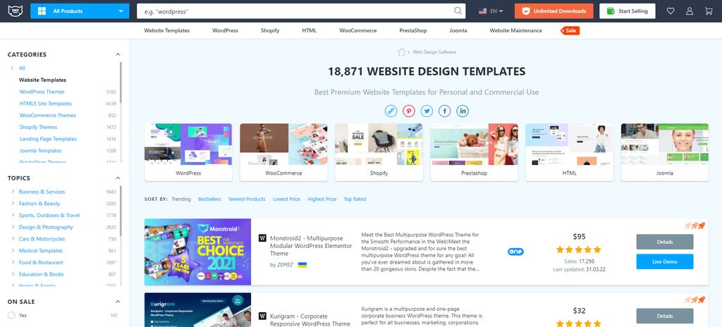 Page de templates de design du site TemplateMonster