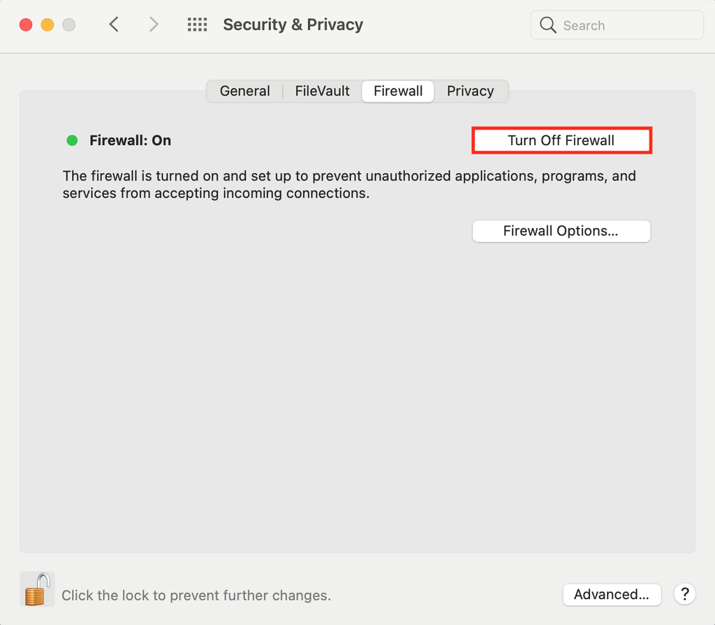 Désactiver le pare-feu de Mac via Sécurité et confidentialité 