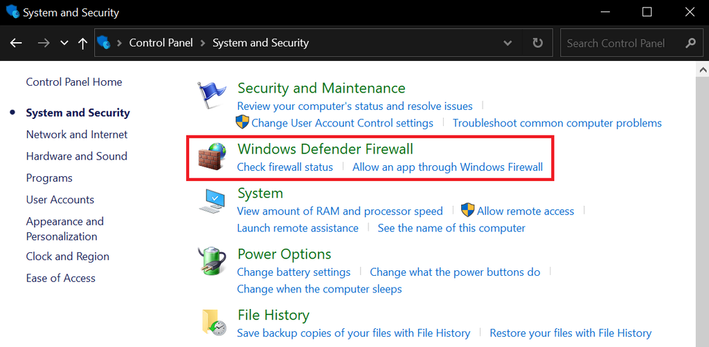 Accès au pare-feu Windows Defender via Système et sécurité 