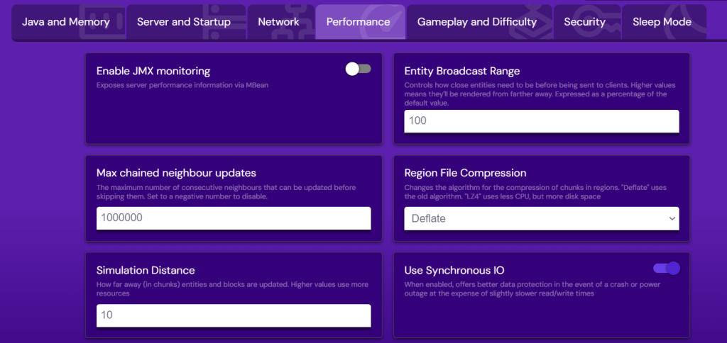 Menu de configuration du serveur Minecraft dans le Game Panel 