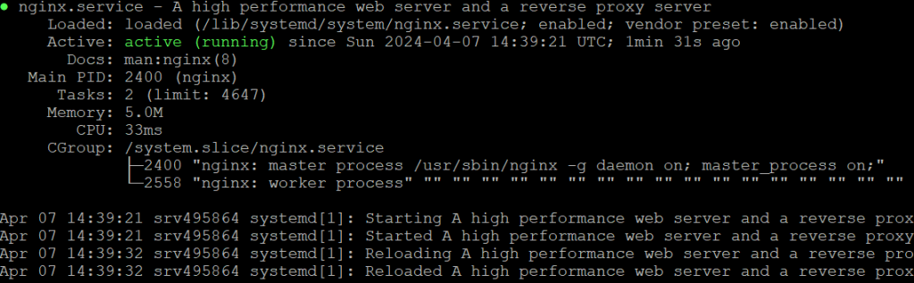 Statut de NGINX dans le terminal 