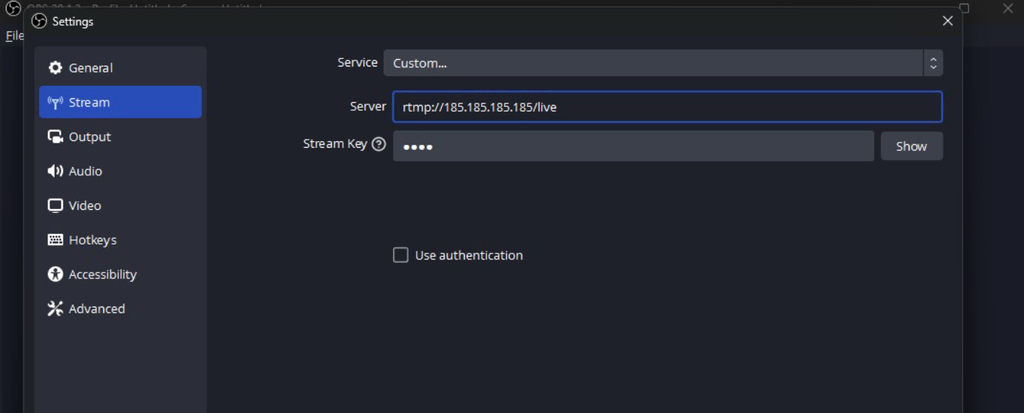 Paramètres de l'URL du flux RTMP dans OBS 