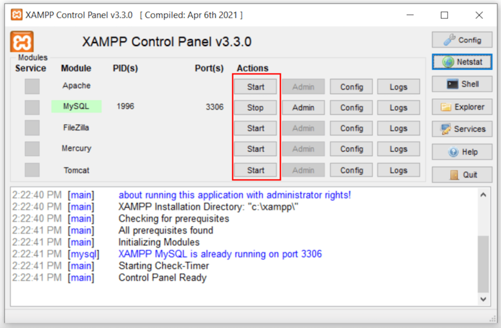 Arrêter Apache à partir du panneau de contrôle XAMPP 