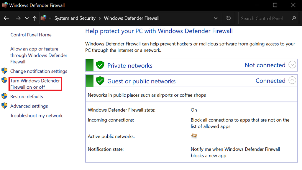 Sélectionner l'option Activer ou désactiver le pare-feu de Windows Defender 