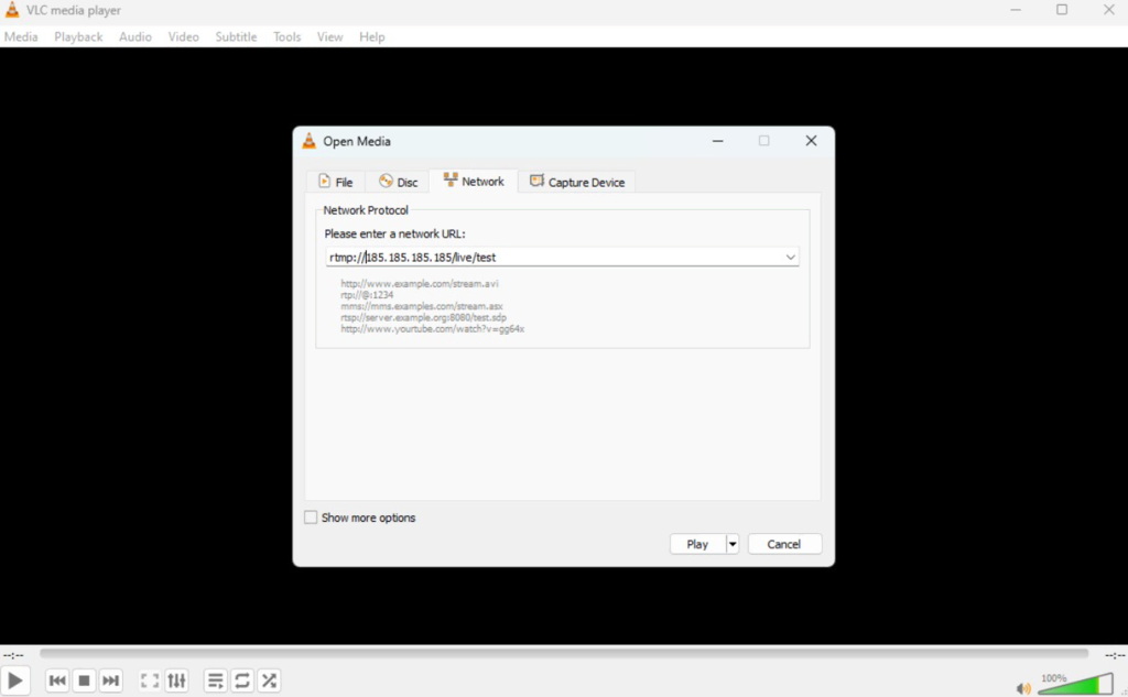 Paramètres de streaming RTMP de VLC 