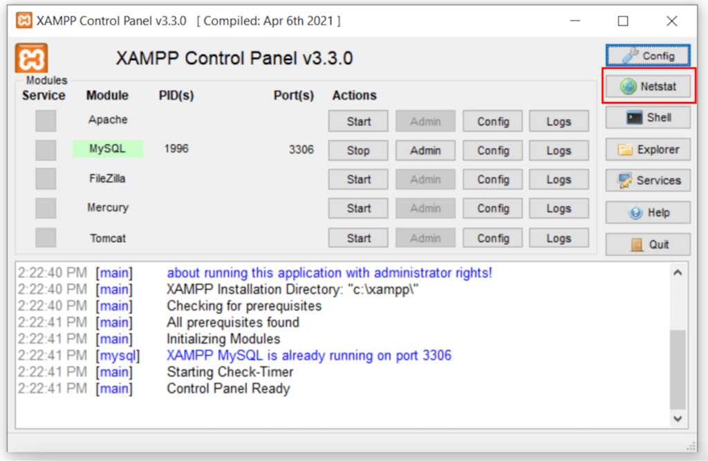 Sélectionner le bouton Netstat dans le panneau de contrôle XAMPP pour voir tous les ports utilisés 