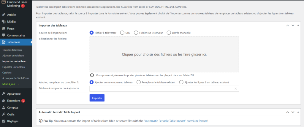 Importer des données à partir d'un fichier CSV à l'aide de TablePress.