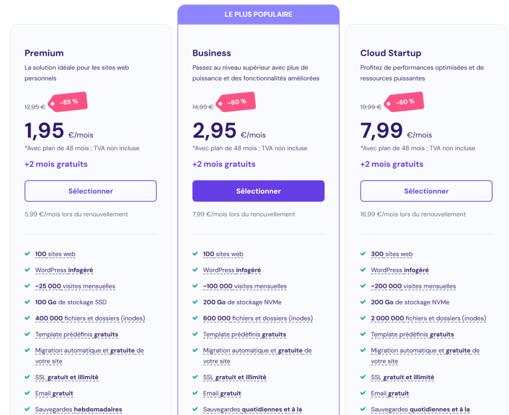 Différents plans d'hébergement Hostinger