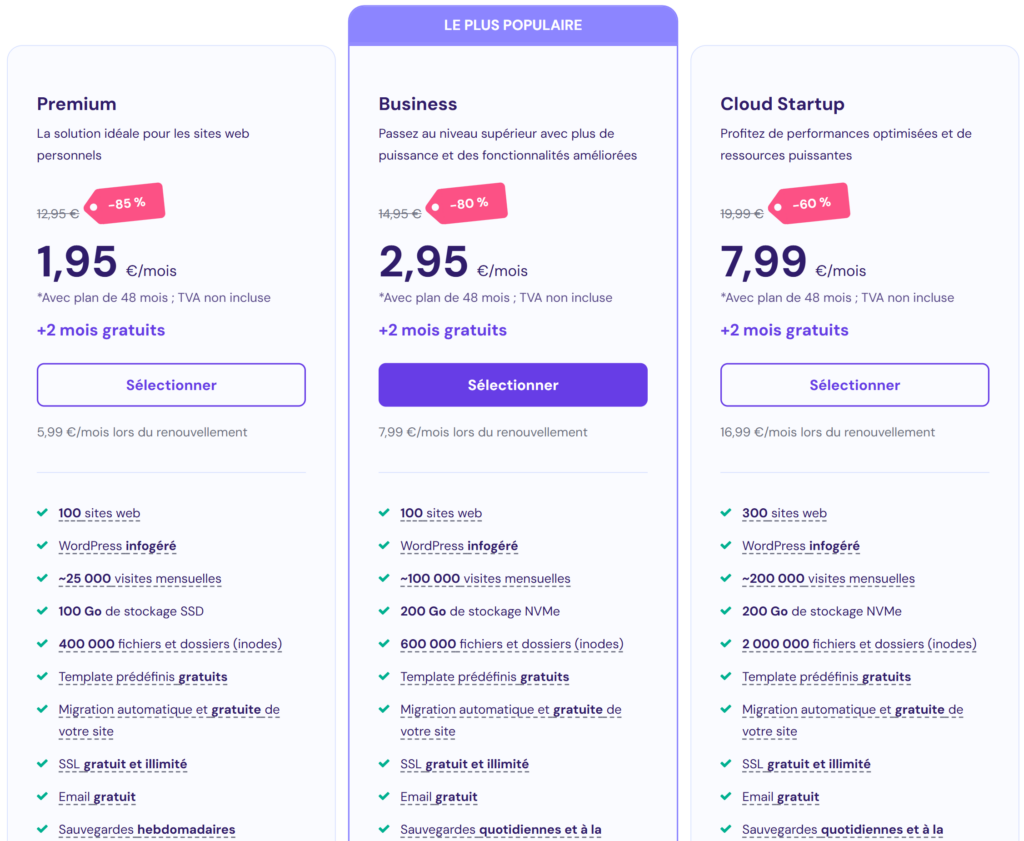 Tableau comparatif d'Hostinger pour les services d'hébergement cloud.