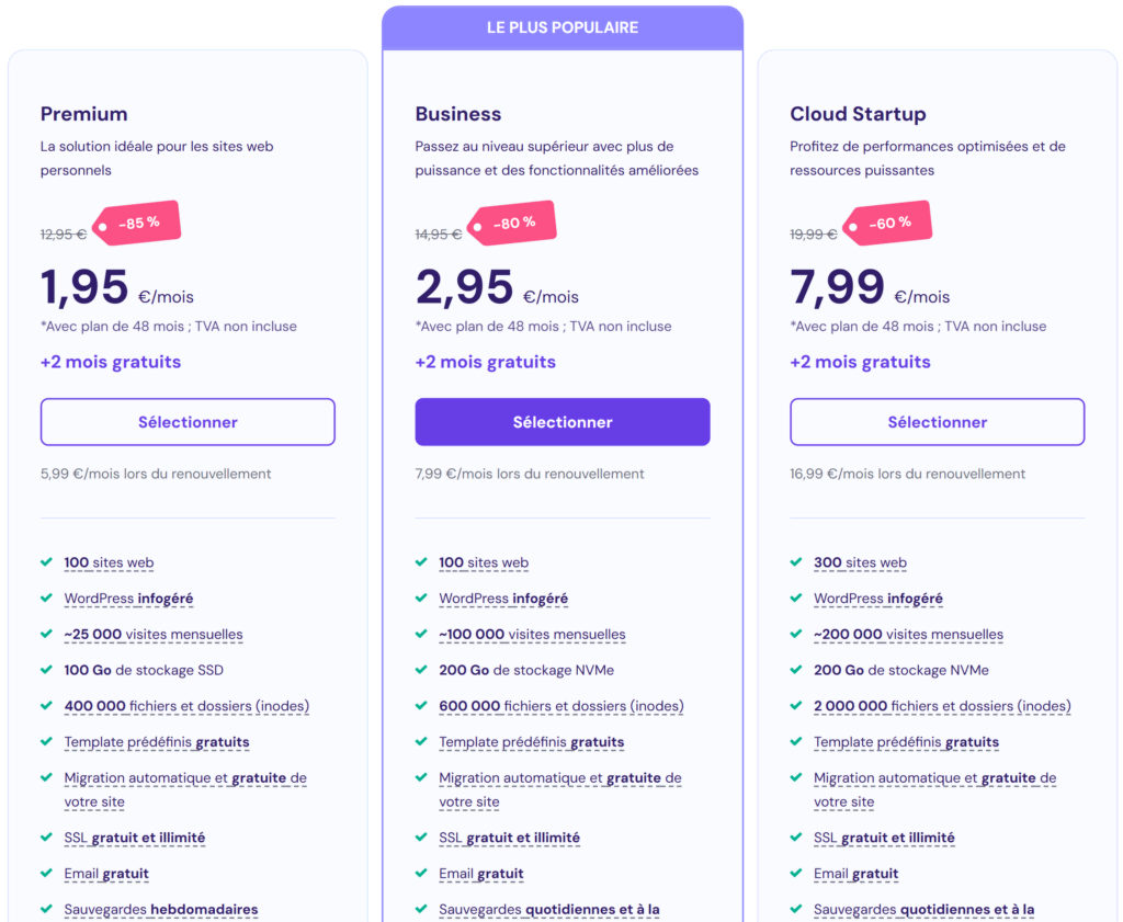 Tableau comparatif d'Hostinger pour les services d'hébergement cloud.