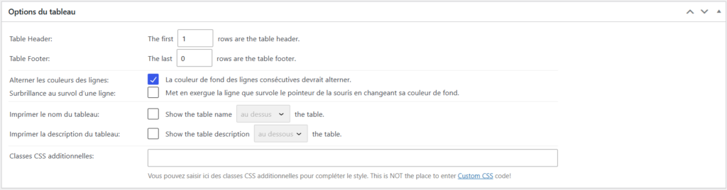 La section Options du tableau dans l'extension TablePress.