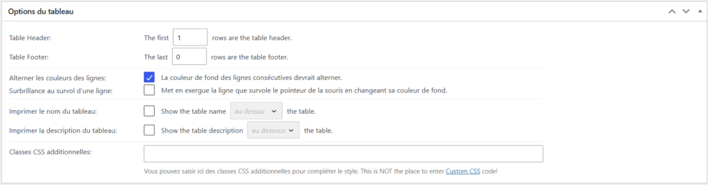 La section Options du tableau dans l'extension TablePress.