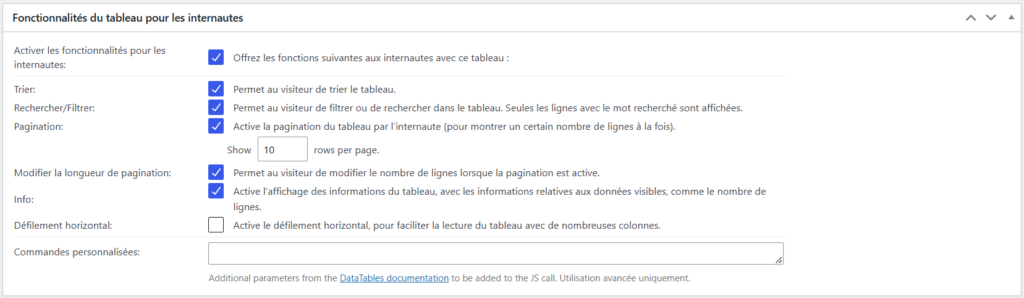 La section Fonctionnalités du tableau pour les internautes dans l'extension TablePress.