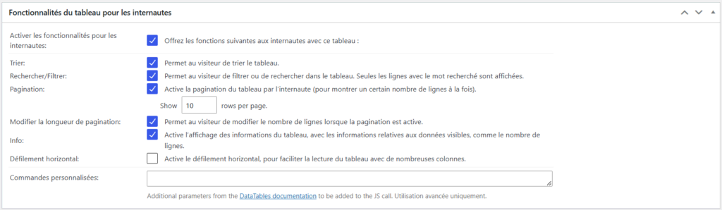 La section Fonctionnalités du tableau pour les internautes dans l'extension TablePress.