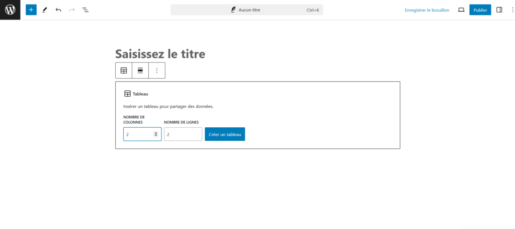 Réglage du nombre de lignes et de colonnes du tableau dans WordPress.