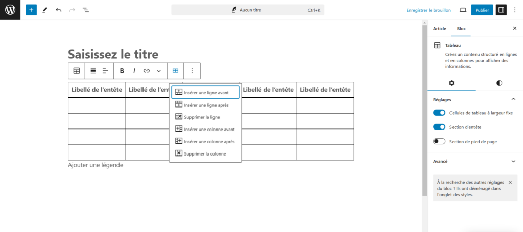 WordPress Modifier le tableau sélectionné.