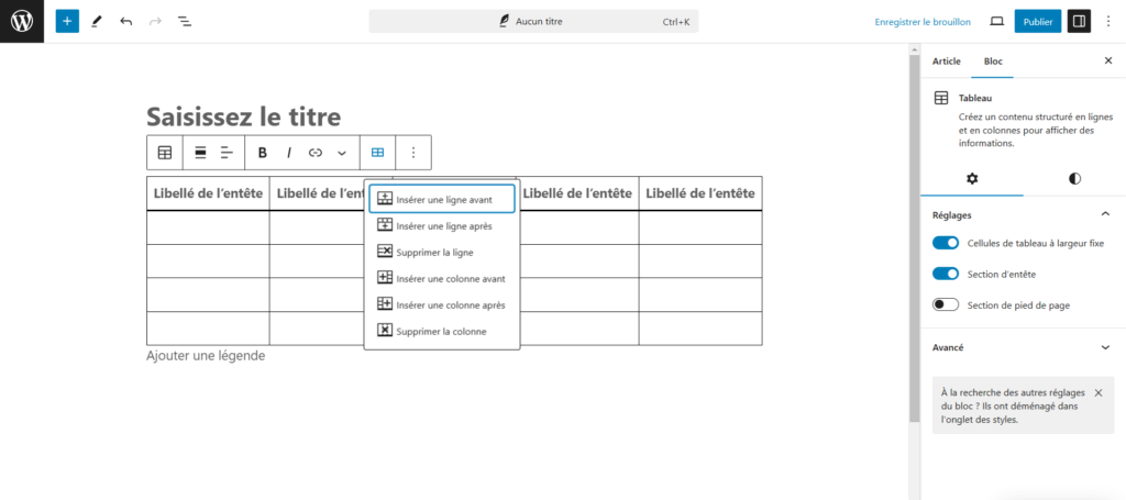 WordPress Modifier le tableau sélectionné.