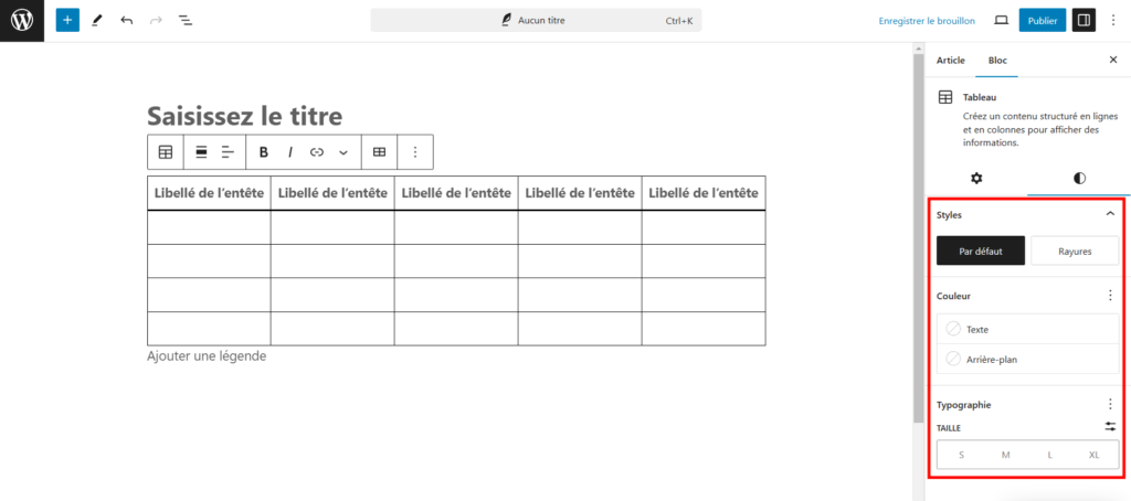 Modifier les styles du tableau dans WordPress.