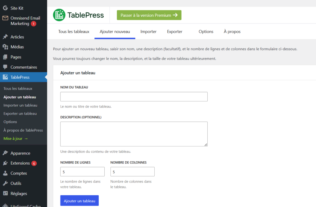 Ajout d'un nouveau tableau à l'aide de l'extension gratuite TablePress.