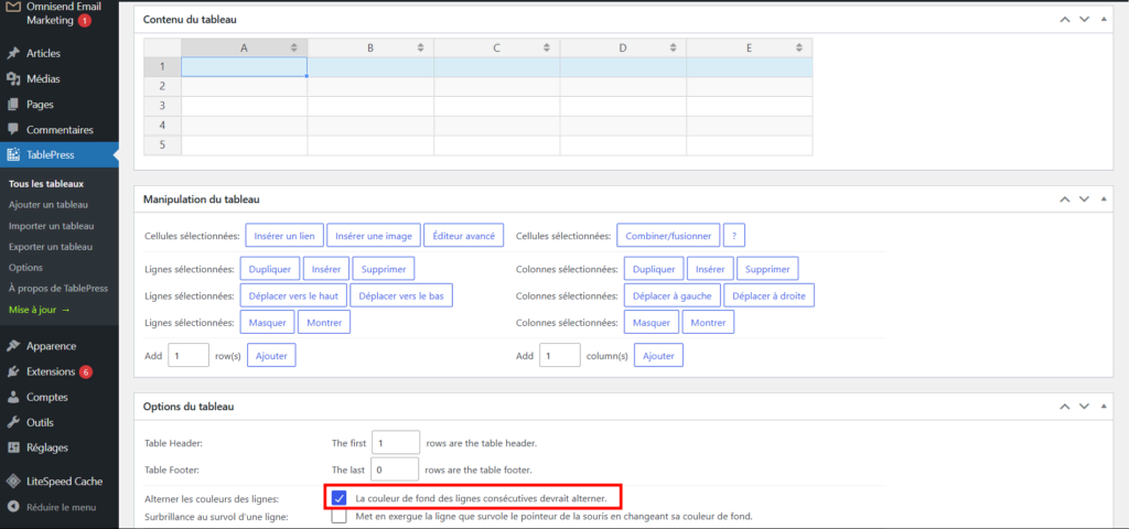 Le réglage de couleurs de lignes de tableau de TablePress est sélectionné.